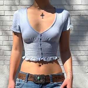 Urban Outfitters Smocked Crop Top Blue Button Front